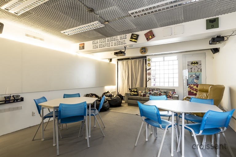 a blue chair in a room