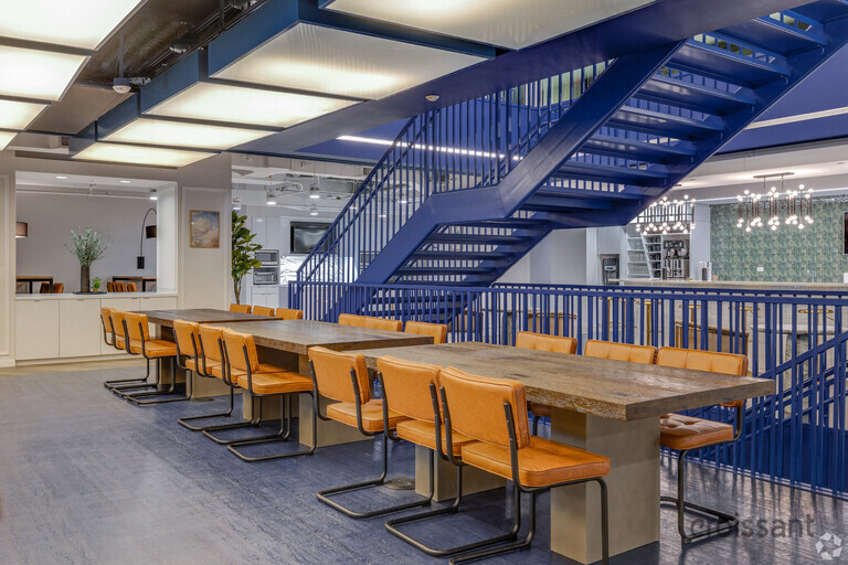 a building with a metal bench