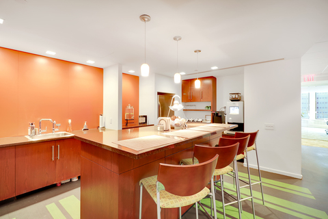 a kitchen with a dining table