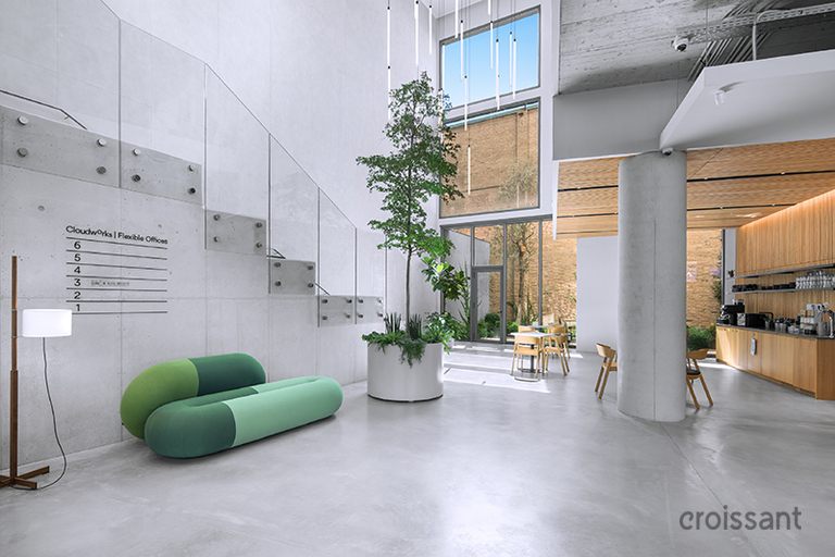 a living room with a tiled floor