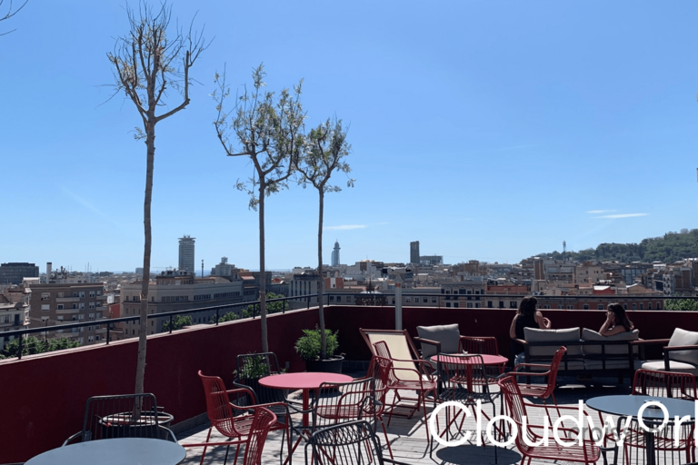 a dining room table in front of a building
