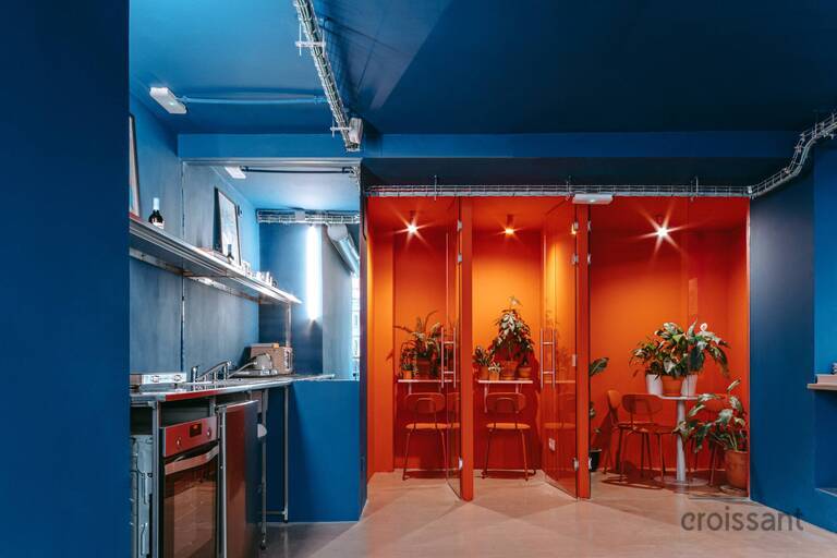 a room with blue walls
