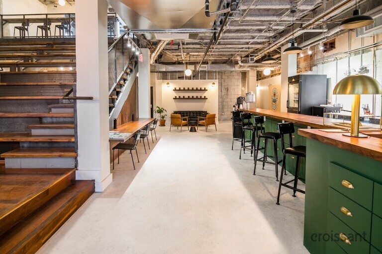 a room filled with furniture and a bench