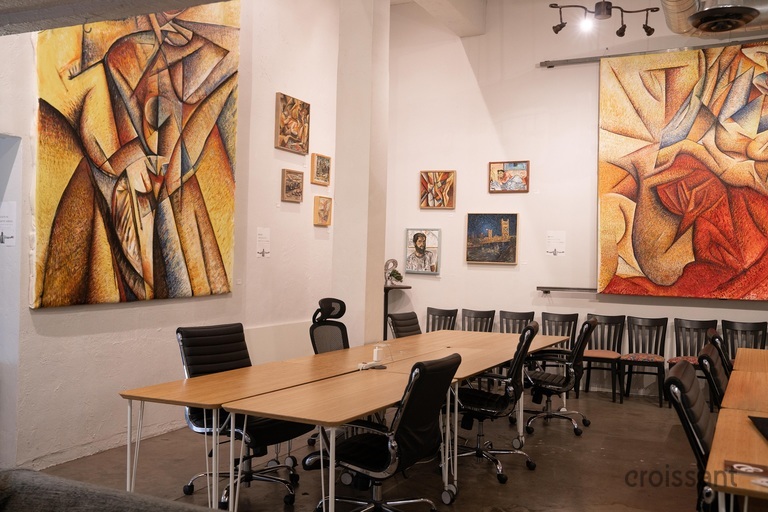 a desk with a chair in a room