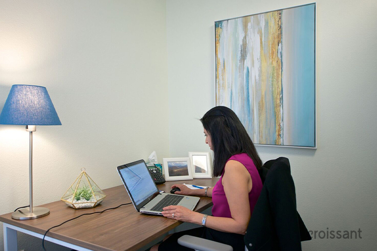 a woman sitting at a desk and using a laptop computer