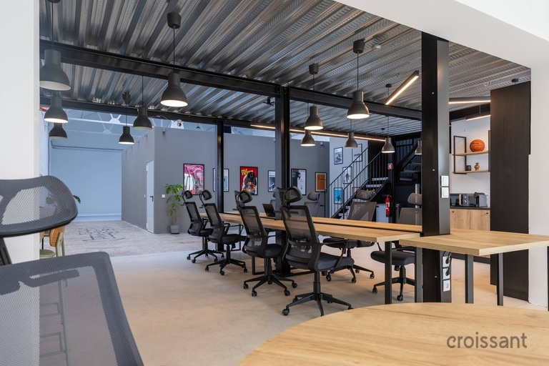 a dining room table in front of a building