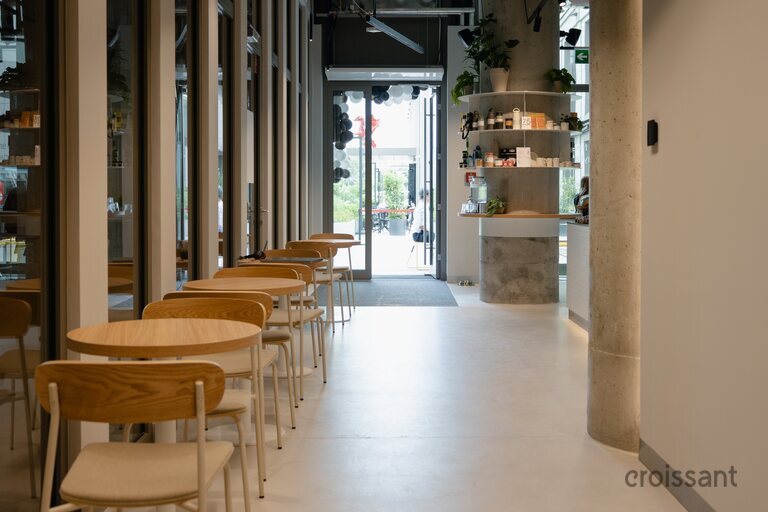 a dining room table in front of a building