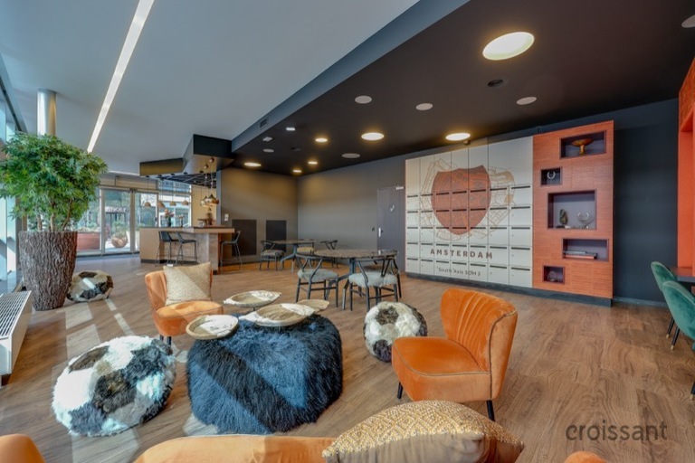 a living room filled with furniture and a dog