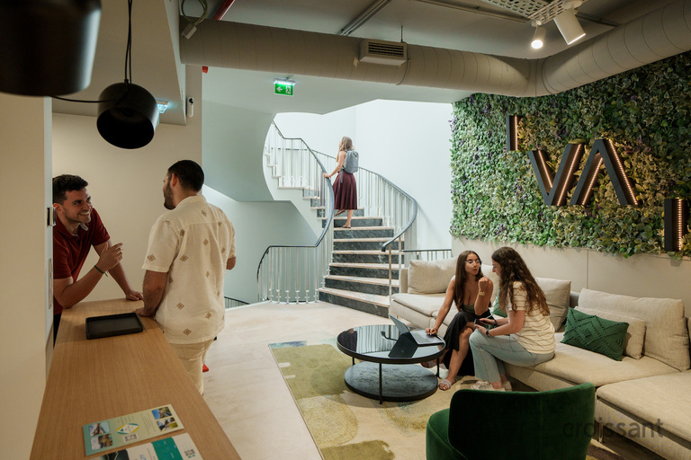a group of people standing in a room