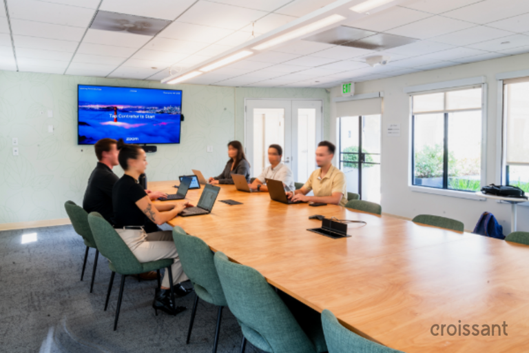a group of people sitting at a table in a room