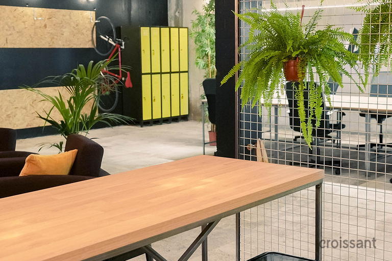 a dining room table in front of a building