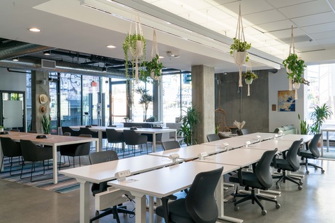 a dining room table in front of a building
